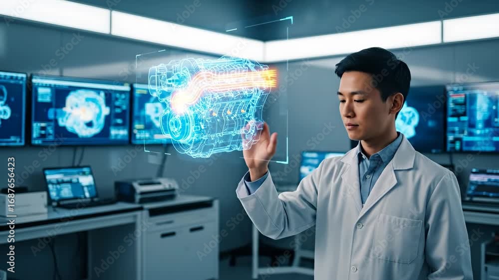 Poster engineer examining 3d holographic engine model - a male engineer in a white lab coat interacts with 