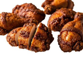 Photorealistic close-up of several glistening fried chicken pieces, dark umber with golden-brown crispy crust, tender interior, on transparent background, copy space, artisanal comfort food concept