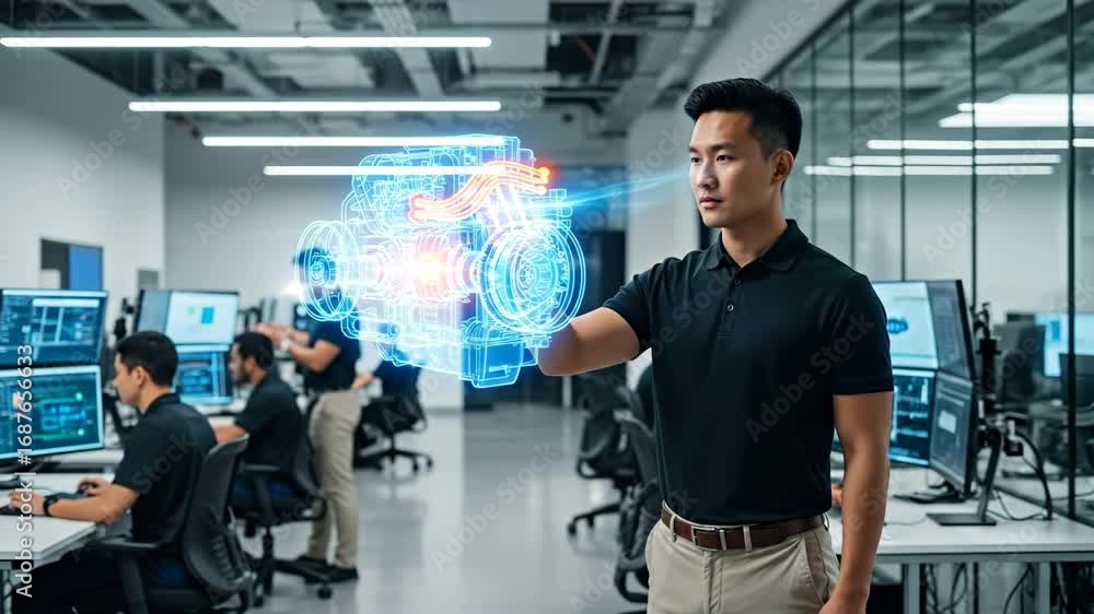 Poster asian engineer reviewing holographic engine prototype - a skilled asian engineer interacts with a ho
