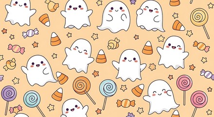 A delightful halloween pattern featuring cute ghosts, candies, and stars, perfect for adding a touch of spooky sweetness to your designs, invitations, and decorations for the holiday season