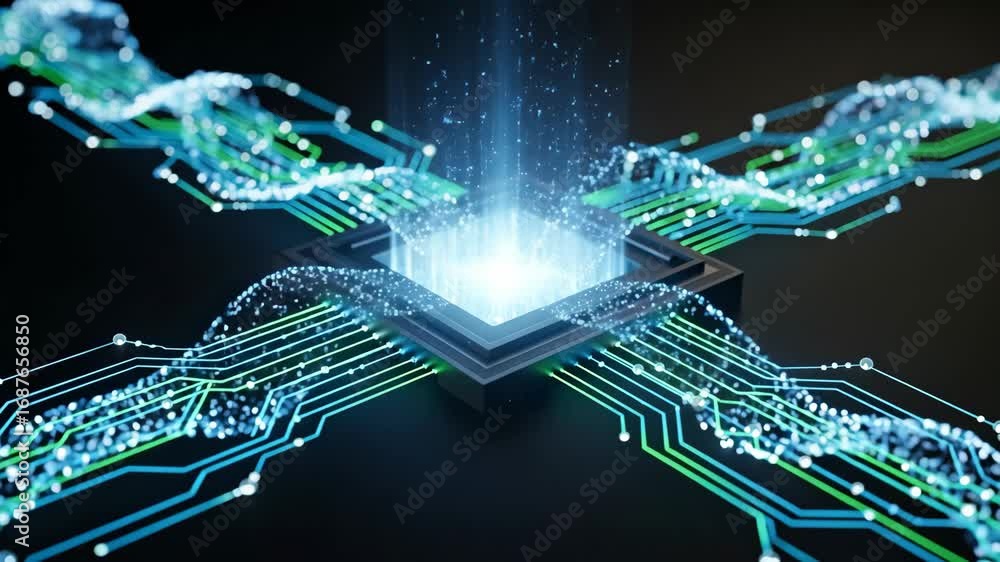 Poster quantum computing circuit animation - a close-up cinematic animation depicts a sophisticated quantum