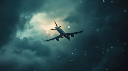 Obraz premium Passenger jet flying through a stormy sky navigating around dark clouds illuminated by flashes of lightning with rain droplets on the windows and dramatic light contrasts in the scene
