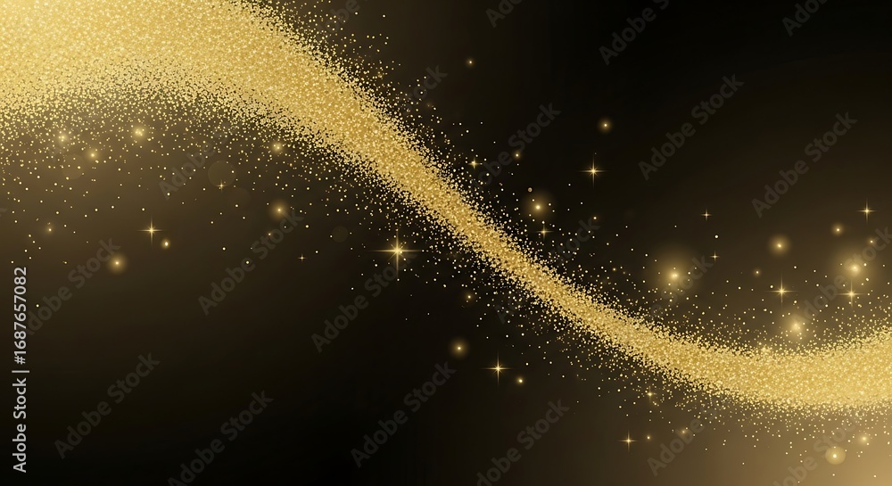 Poster a mesmerizing cascade of shimmering gold dust gracefully curves across a dark backdrop, creating a l