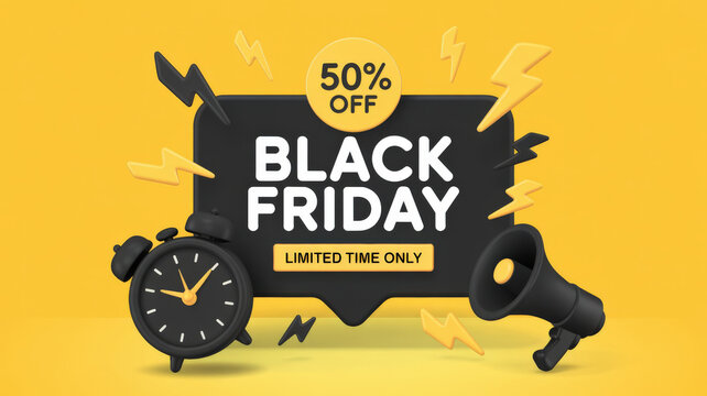 Black Friday Sale 50 Percent Off Limited Time Only with Clock Megaphone and Lightning