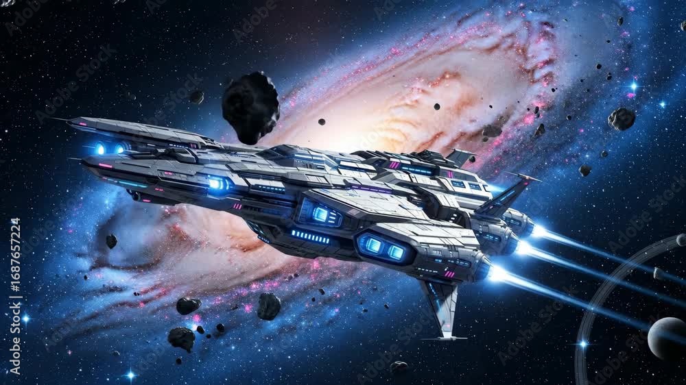 Poster spaceship journey through galaxy - a futuristic spaceship with glowing blue engines speeds through a