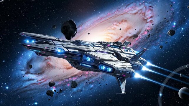 Spaceship Journey Through Galaxy - A futuristic spaceship with glowing blue engines speeds through a vibrant nebula, surrounded by asteroids and celestial bodies.