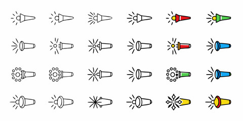 Fototapeta premium Collection of flashlight icons showing different designs and light beam patterns in various colors