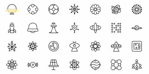 Collection of various science and space themed icons including atoms rockets planets and other abstract shapes