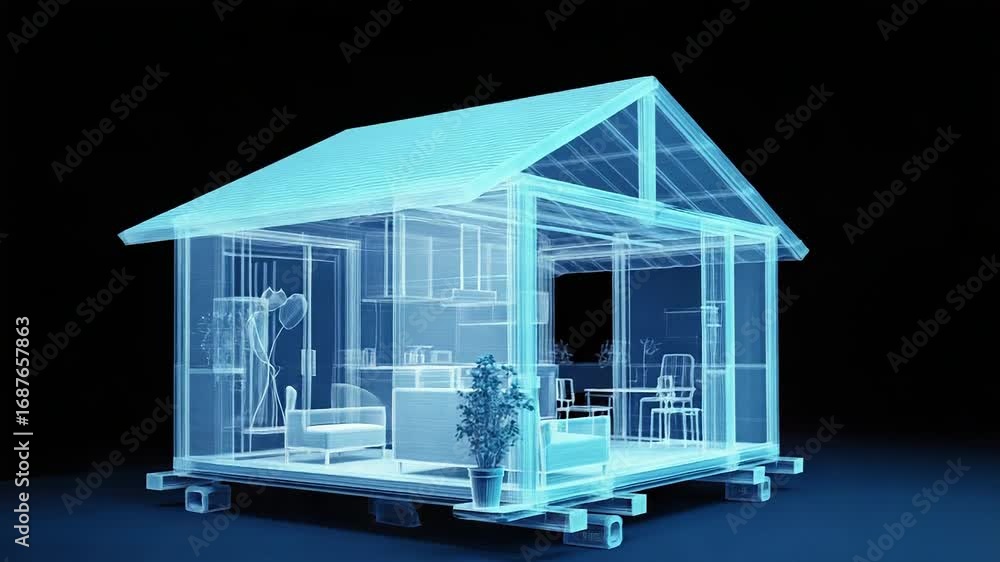 Poster tiny house project showing wireframe structure on dark background
