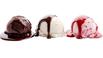 Trio of Temptation A Symphony of Flavors with Chocolate Vanilla and Strawberry Ice Cream Scoops Drizzled with Delicious Sauces