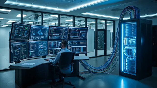 IT Specialist Monitoring Server Room Data - A male IT specialist sits at a workstation with multiple monitors displaying complex data streams in a modern server room.