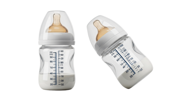 Two Transparent Baby Bottles with Milk and Nipples.