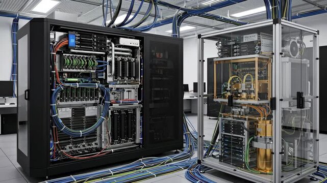 Quantum Server and Supercomputer in Data Center - A high-quality video showing a quantum server and a supercomputer in a modern data center control room.