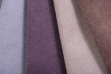 Fototapeta premium Furniture Textile samples. Soft upholstery fabrics. Collection of cozy velour fabric for sofa, couch or chair.