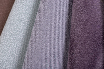 Furniture Textile samples. Soft upholstery fabrics. Collection of cozy velour fabric for sofa, couch or chair.