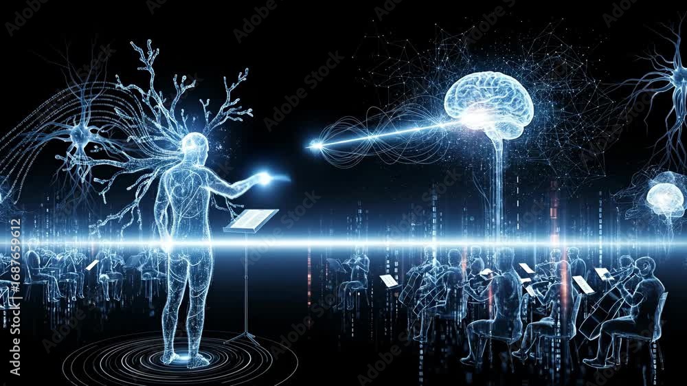Aufkleber ai orchestral conductor and brainwave connection - a digital video depicts a conductor made of inter