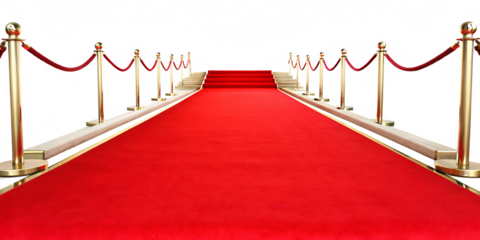 Red carpet with velvet ropes and stanchions isolated on a transparent background.PNG
