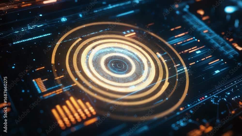 Aufkleber futuristic glowing orange and blue head up display with charts and graphs is processing data