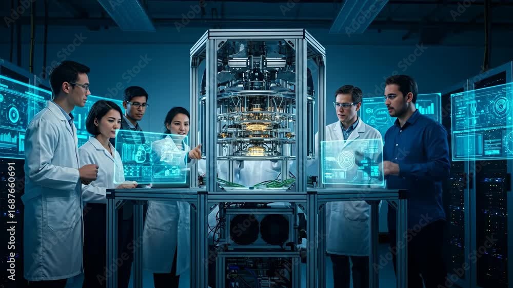 Poster scientists working on advanced technology in a modern lab - a diverse team of scientists collaborate