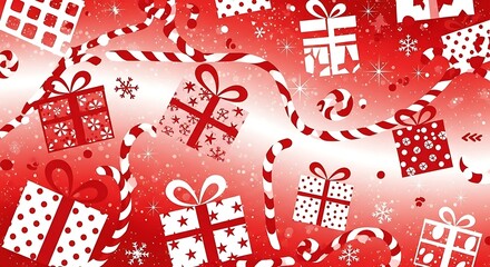 Fototapeta premium A festive red and white christmas background featuring gift boxes, candy canes, and snowflakes, creating a joyful and celebratory atmosphere for holiday designs and greetings