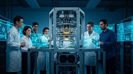 Scientists Working on Advanced Technology in a Modern Lab - A diverse team of scientists collaborates around a complex technological machine, utilizing holographic interfaces to monitor and control - Powered by Adobe