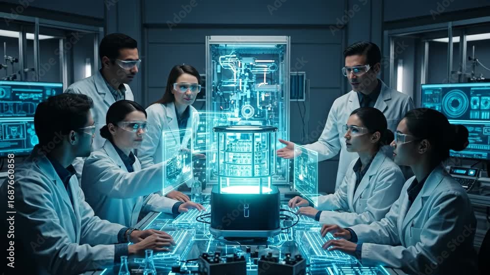 Poster scientists collaborating on futuristic technology - a diverse team of scientists in a modern laborat