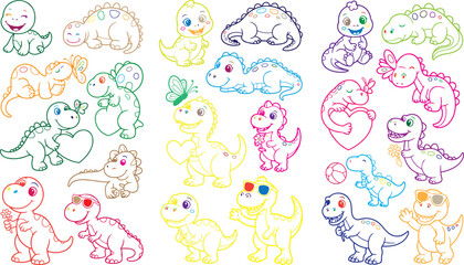 Colorful cartoon dinosaurs and butterflies cute baby