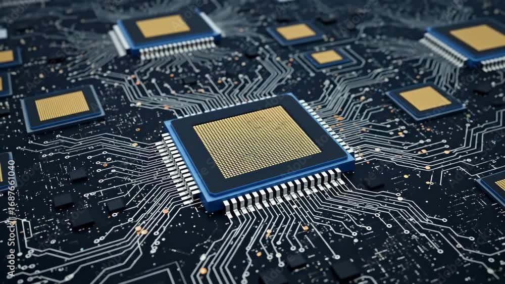Poster microchip processors on circuit board - close-up view of multiple microchips and processors intricat