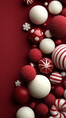 Decorative red and white Christmas ornaments create a festive arrangement for holiday celebrations