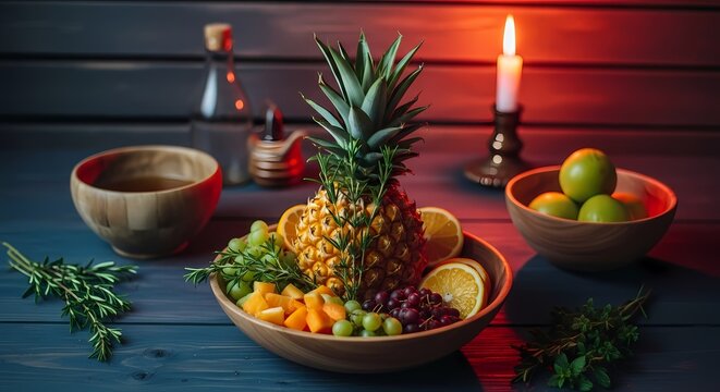 A rustic still life of a pineapple and assorted fruits in a wooden bowl, illuminated by candlelight. - Powered by Adobe