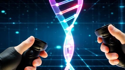 Hands Holding VR Controllers with Glowing DNA Strand in Futuristic Digital Environment - Powered by Adobe
