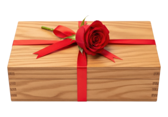 Elegant Wood Box Adorned With a Red Rose on Transparent PNG Background.