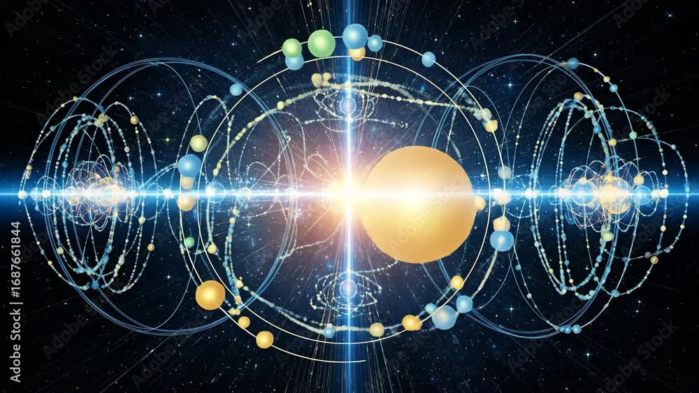 Poster quantum universe energy flow - abstract visualization of particles interacting and creating energy w