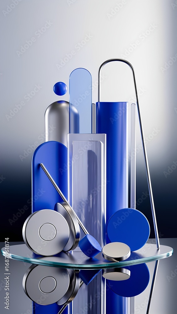 Poster a collection of blue and metallic geometric shapes is displayed artistically on a reflective surface
