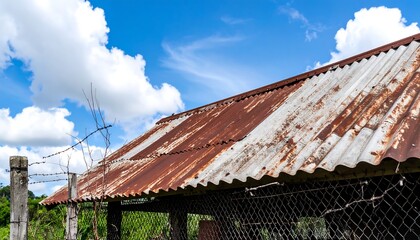 Rusty corrugated metal roof under a partly cloudy sky. A simple rural scene