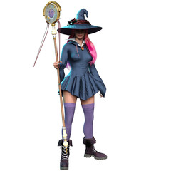 3D rendered fantasy female character as a witch with long pink hair, isolated on transparent background