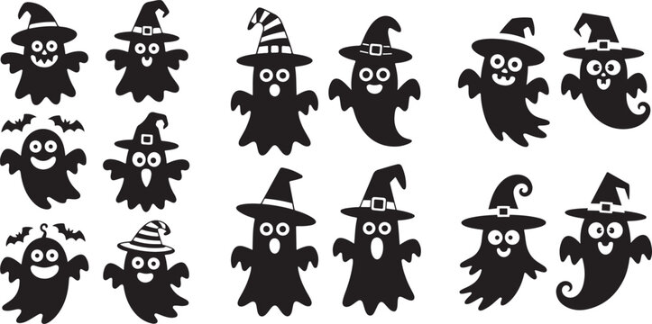 Halloween ghosts with witch hats spooky cute