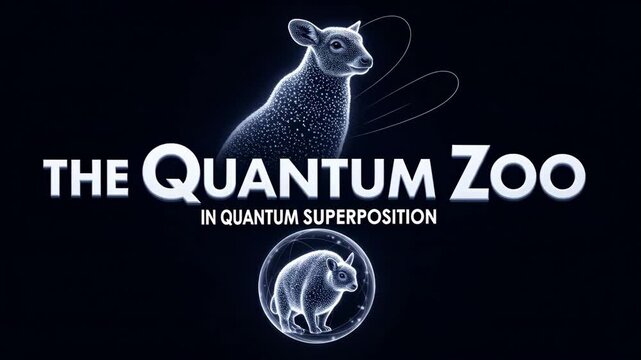 Quantum Zoo: Animals in Superposition - A stylized lamb and wombat are depicted in a quantum superposition state, forming part of the title card for "The Quantum Zoo".