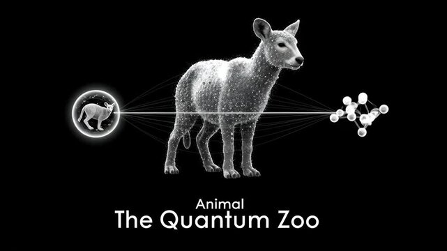 Quantum Animal Superposition - A stylized depiction of an animal in a state of quantum superposition, shown connected to both a smaller version of itself and a molecular structure.