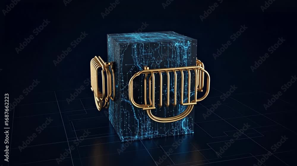 Poster futuristic data cube with golden connectors - a 3d video of a dark cube with glowing blue circuit li