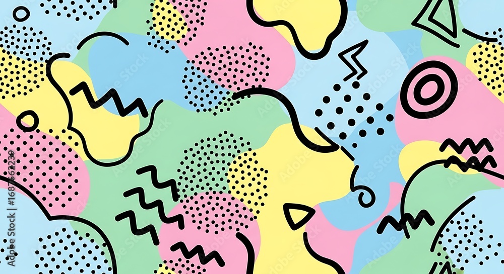 Poster whimsical memphis pattern with pastel colors and playful geometric shapes, evoking a sense of fun an