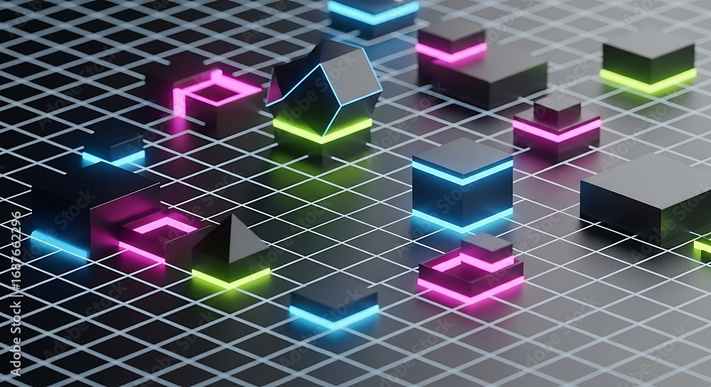 Poster a mesmerizing display of geometric shapes, with cubes and pyramids arranged on a grid, illuminated b