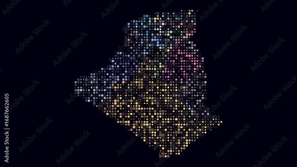 Poster algeria map animation. shape of the country with pulsating colored dots. small size rounded square b