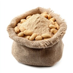 An isolated bag or sack of wheat, potatoes, or coffee on a white or brown background is a natural food ingredient often made of burlap or canvas