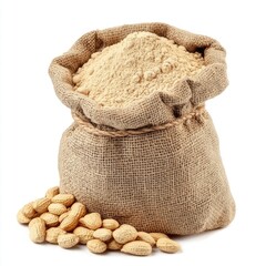 Brown burlap sack of wheat grain and seed is isolated on a white background as a natural food ingredient for healthy vegetarian agriculture