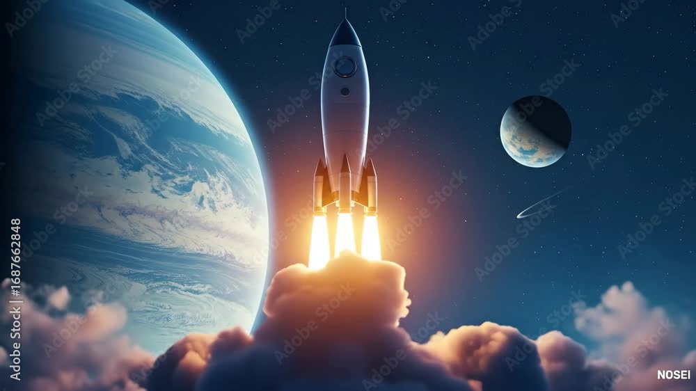 Poster rocket launch from planet - a rocket blasts off from a planet, leaving a trail of fire and smoke. a 