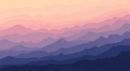Obraz premium A mesmerizing landscape unfolds with layers of mountains in varying shades of purple and pink, creating a serene and dreamlike atmosphere as the sun sets on the horizon