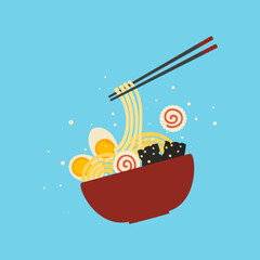 Ramen noodle bowls with egg and toppings. Flat vector illustration of ramen bowls with noodles, boiled egg, vegetables, and chopsticks, Japanese food design, restaurant menu, Asian cuisine graphics.