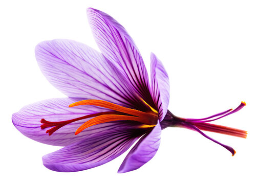 Saffron pistil with purple petals and orange stamens isolated on a transparent background