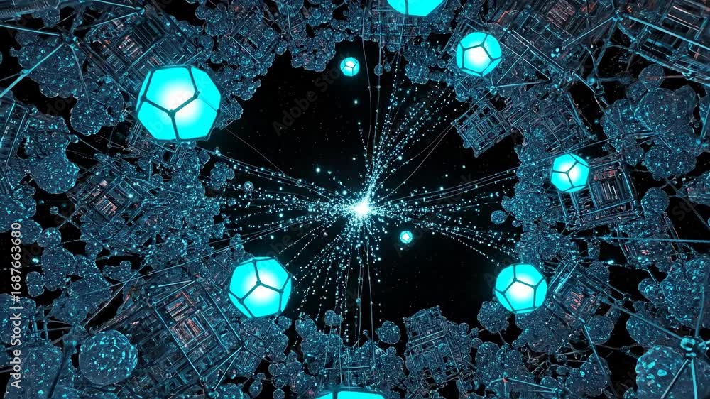 Poster quantum nanotech scaffolding - glowing turquoise octahedrons float and self-assemble within a comple